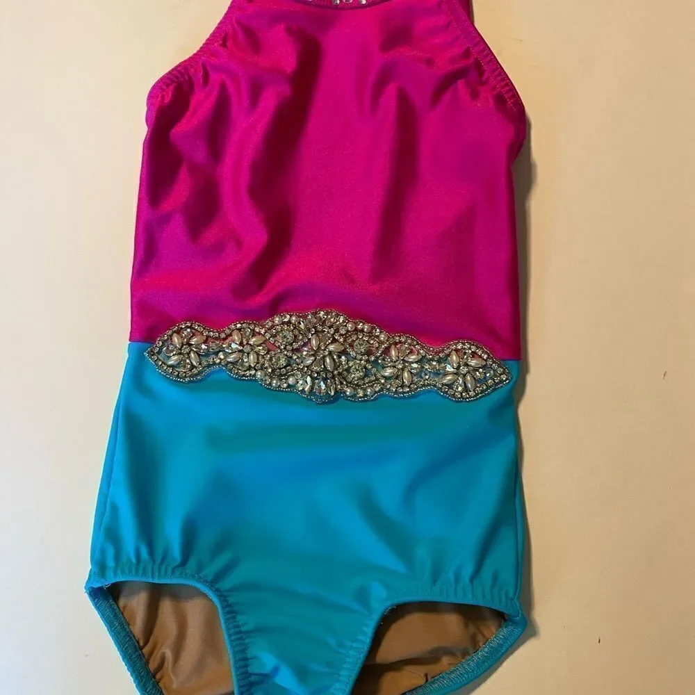 Custom rhinestoned dance costume hot pink Aqua blue leotard child S
